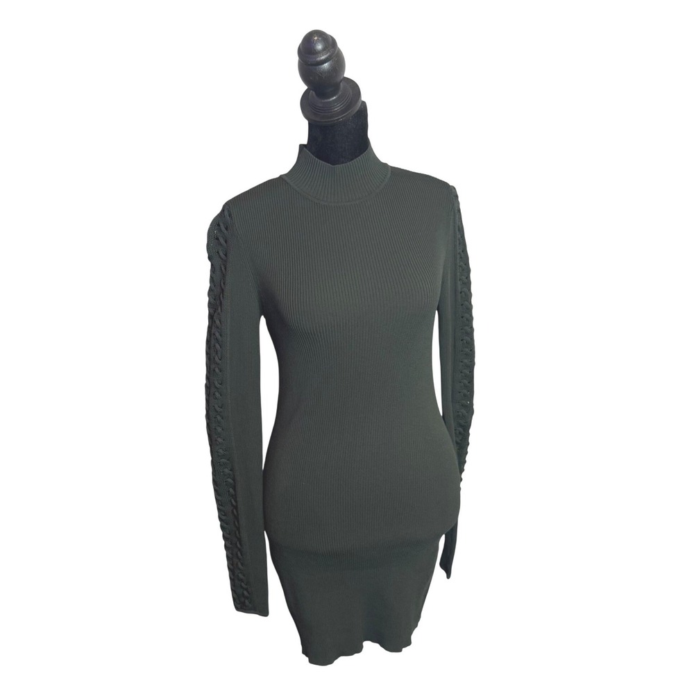 WHBM Ribbed Knit Bodycon Mini Dress Womens XS Green Mock Neck Cut Out Sleeve